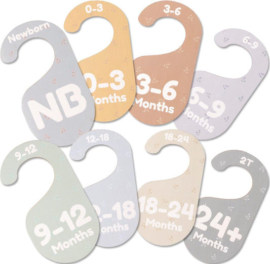 Baby Closet Dividers for Clothes Organizer - Set of 8 Adorable Wooden Double-Sided Baby Clothes Size Hanger Organizer from Newborn to 24+ Months for Nursery Beautiful Minimalist Decor