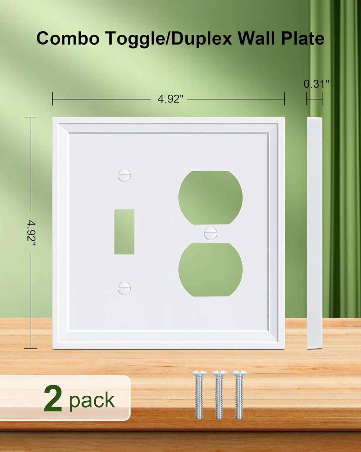 2-Pack Combo Toggle/Duplex Light Switch Cover Plate, Pure White Wall Outlet Cover Plate, Natural Bamboo Fiber Decorative Wall Receptacle Cover for Electrical Outlets, Light Switch