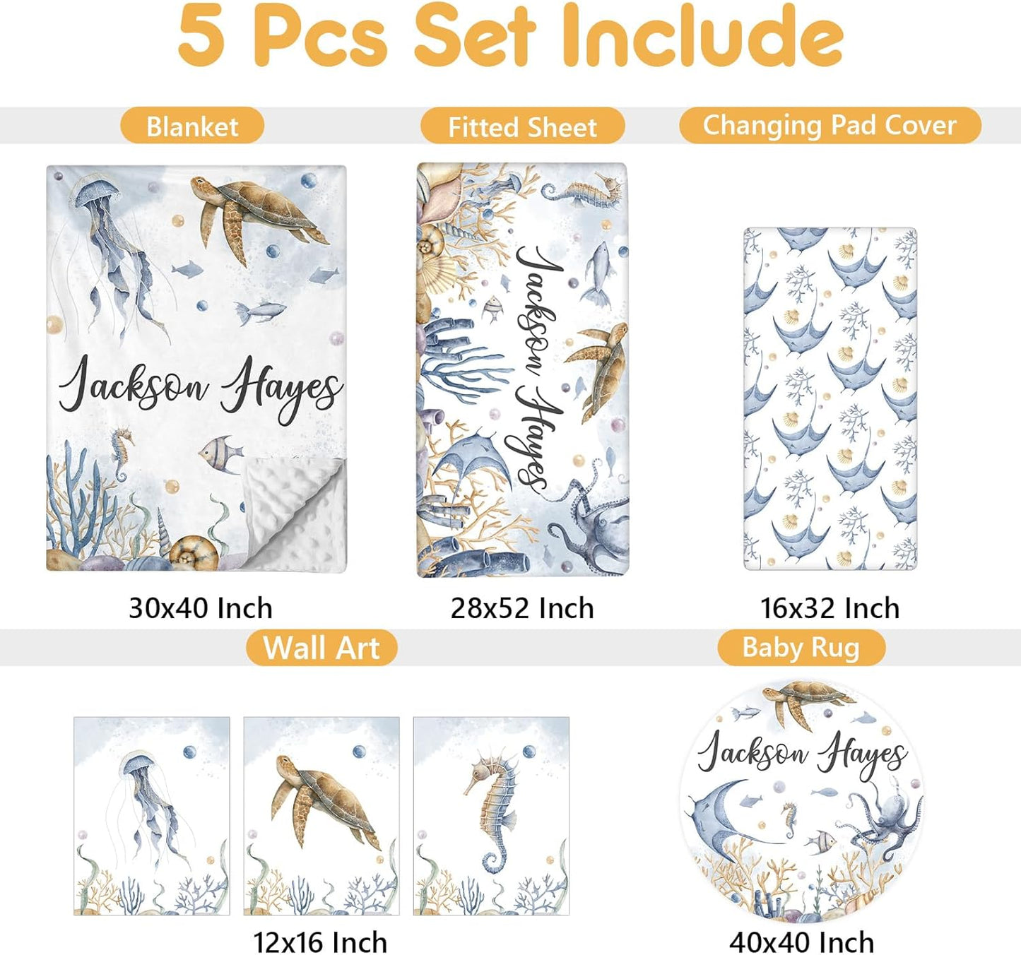 Custom Crib Bedding Set - 5 Pcs Customized Baby Crib Set with Name - Soft Double Layer Marine Animals Nursery Baby Bedding Set for Girls Boys - Personalized for Infant Toddler