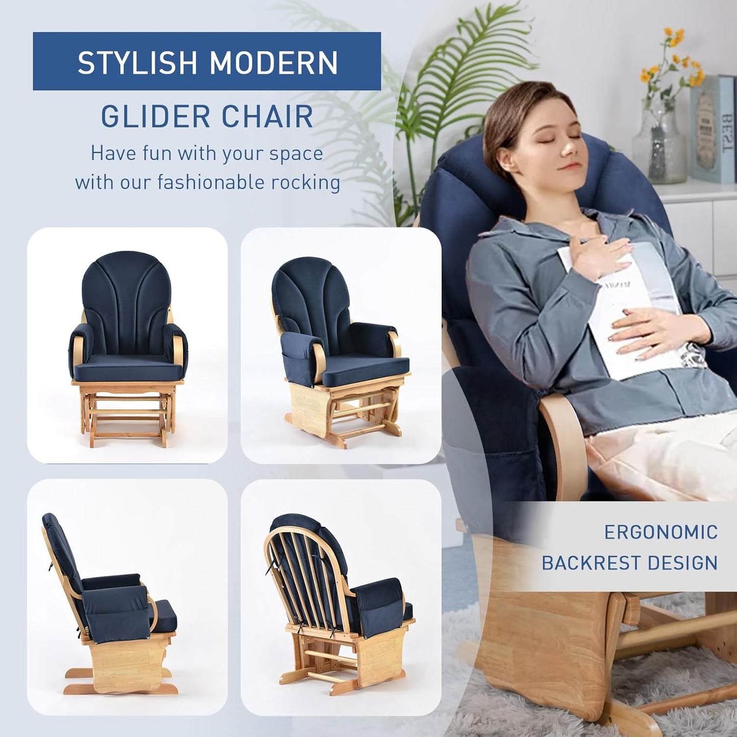 Wood Base Glider Rocker Chair, Baby Feeding and Rocking Chair Nursery Rocking Chairs with Silent Swing Solid Hardwood Base for Nursery, Living Room, Bedroom, Classroom(Navy Blue)