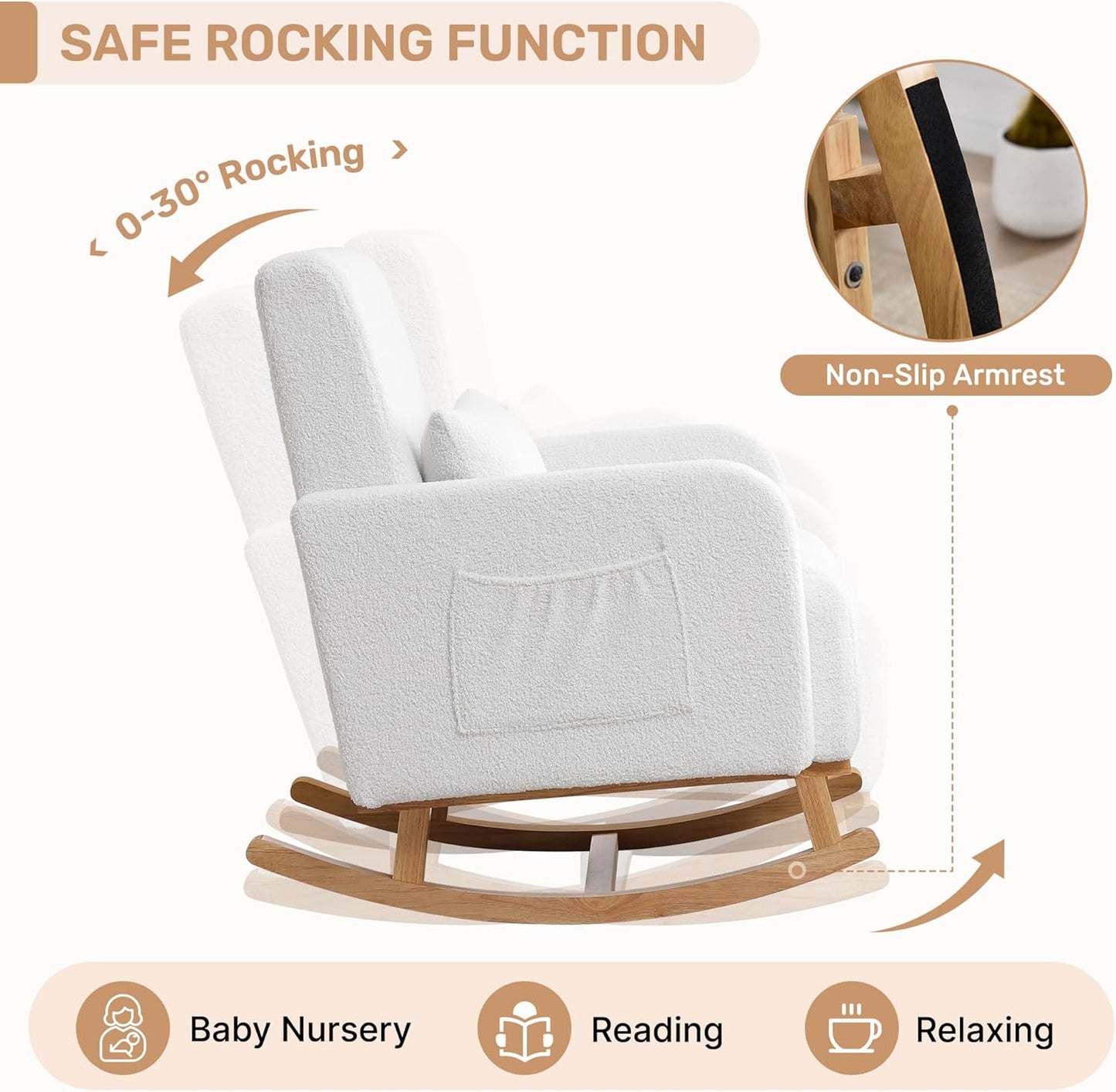 Rocking Chair with Ottoman, Upholstered Nursing Glider Rocker with High Backrest and Side Pocket, Comfy Reading Chair with Solid Wood Legs for Nursery/Living Room/Bedroom White