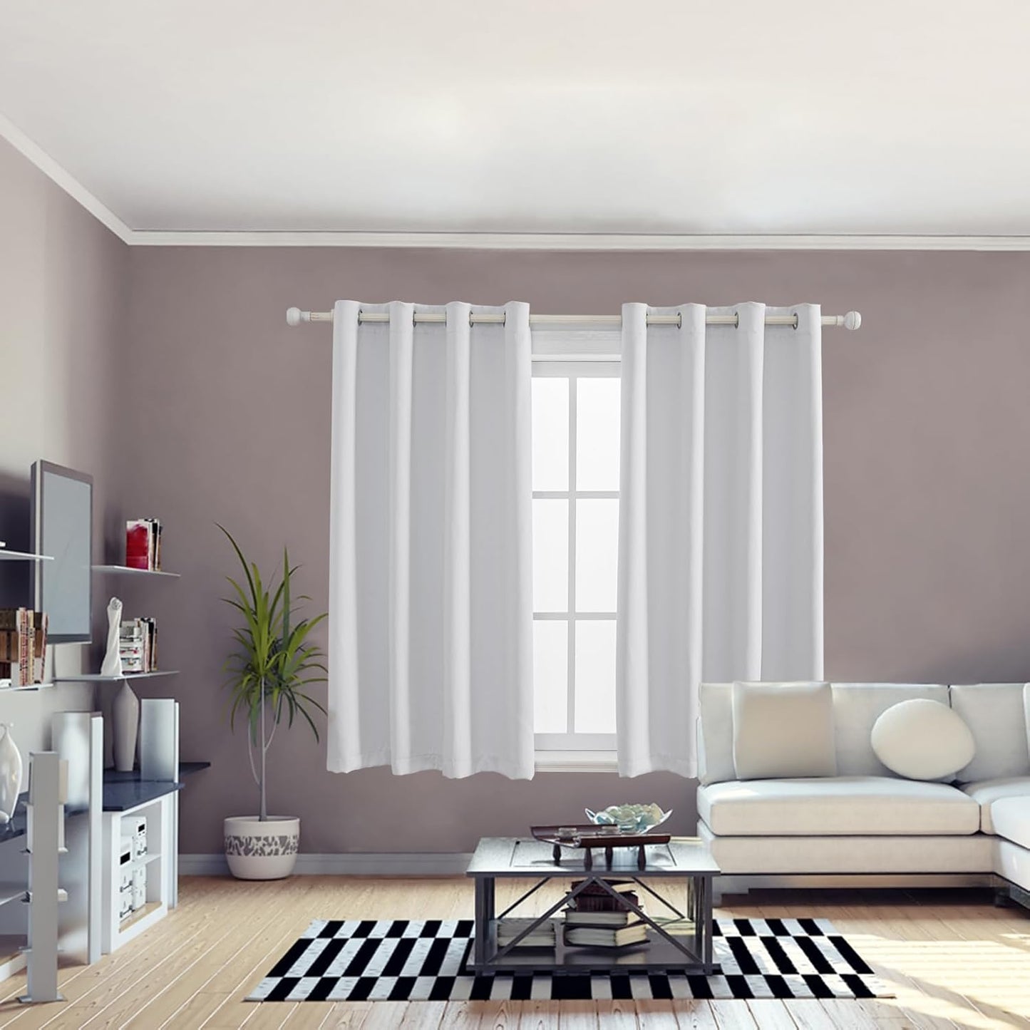 Anytime 100% Blackout Curtain Set, Thermal Insulated & Energy Efficiency Window Draperies for Guest Room, Full Shading Panels for Shift Worker and Light Sleepers（Greyish White, 2 Panels, 52W x 63L）