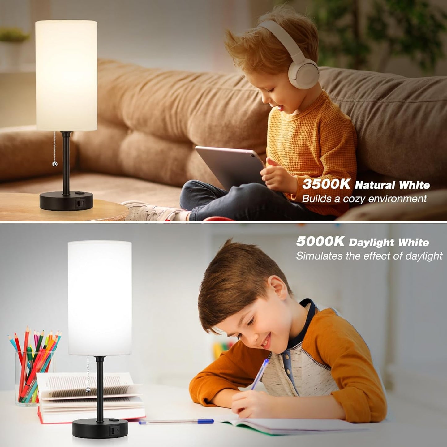 Dicoool 17Inch Tall Bedroom Lamps with USB C and A Ports 3 Color Temperatures - Pull Chain White Nightstand Bedside Table Lamp with AC Outlet, Side Lamp for Living Room End Table