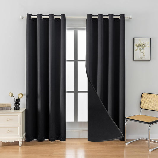 Anytime 100% Blackout Curtain Set, Thermal Insulated & Energy Efficiency Window Draperies for Guest Room, Full Shading Panels for Shift Worker and Light Sleepers（Black, 2 Panels, 52W x 95L）