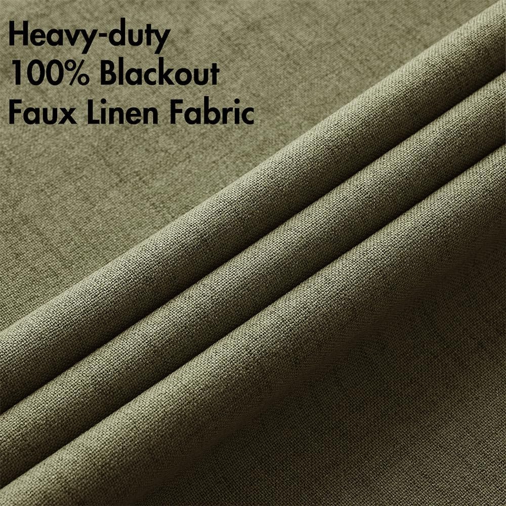 MIULEE Linen Texture Curtains for Bedroom Solid 100% Blackout Thermal Insulated Light Olive Green Curtains Grommet Room Darkening Drapes for Living Room Nursery 52x90 Inch (2 Panels)
