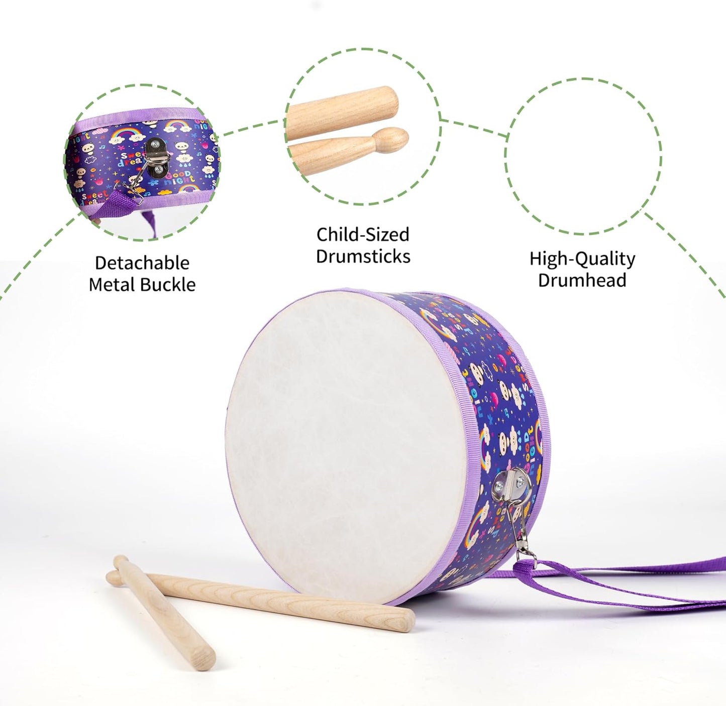 Kids Drum Set with Adjustable Strap: Toddler Musical Instrument for Ages 3-5, Wearable Drum Kit with Drumsticks, Educational Percussion Toy for Rhythm Music Development (Purple)