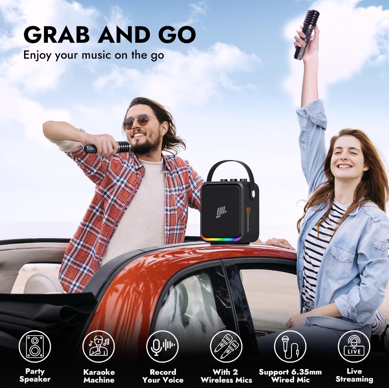 YLL Portable Bluetooth Karaoke Machine: 60W Powerful Speaker with 2 Wireless Microphones, Lightweight with Shoulder Strap, Perfect for Adults & Kids, Home & Outdoor Party