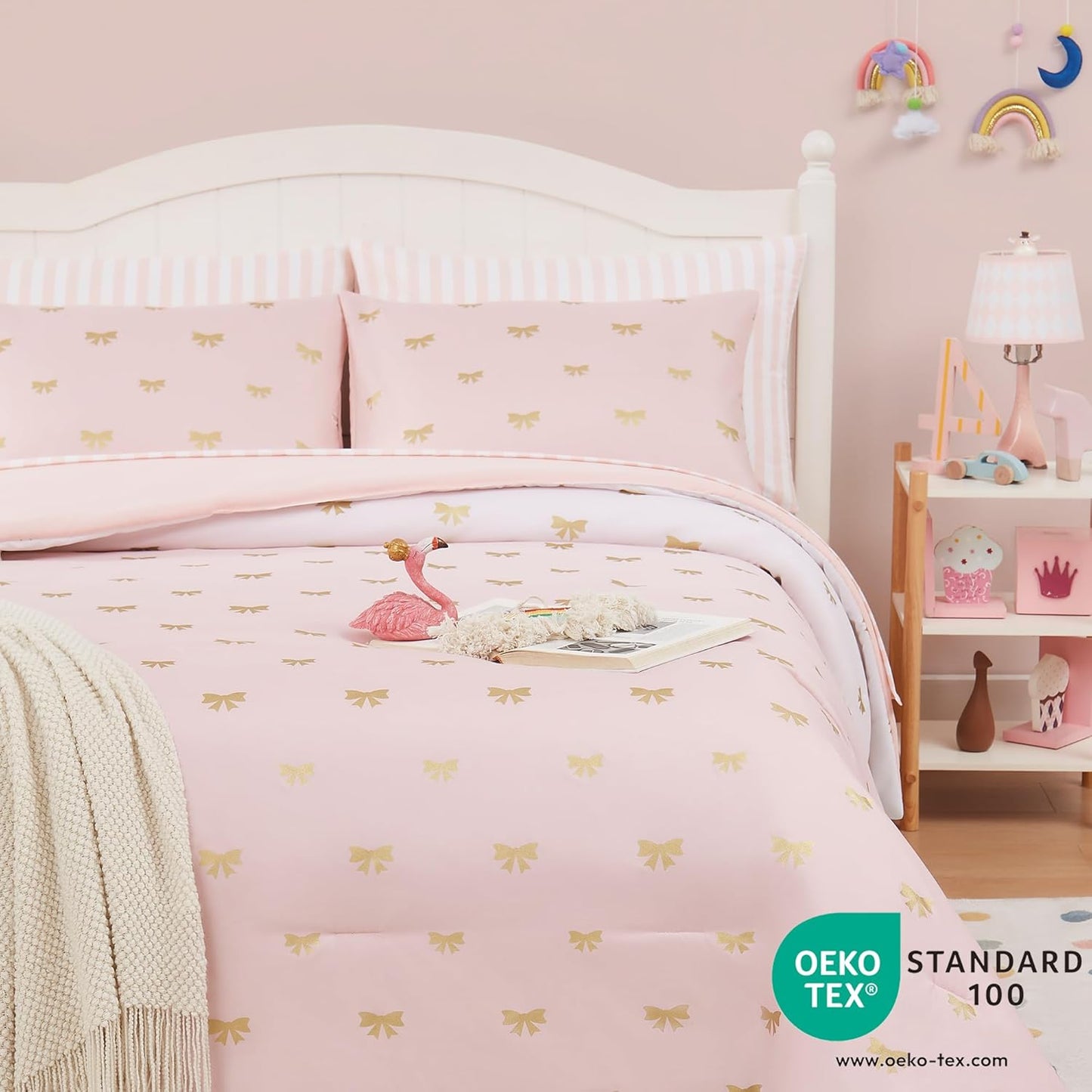 Full Size Comforter Sets with Sheets for Girls-7 Pieces Full Size Bedding Sets with Pink Comforter, Sheets, Pillowcases & Shams for Kids (Pink Gold Bow, 76" X 86")