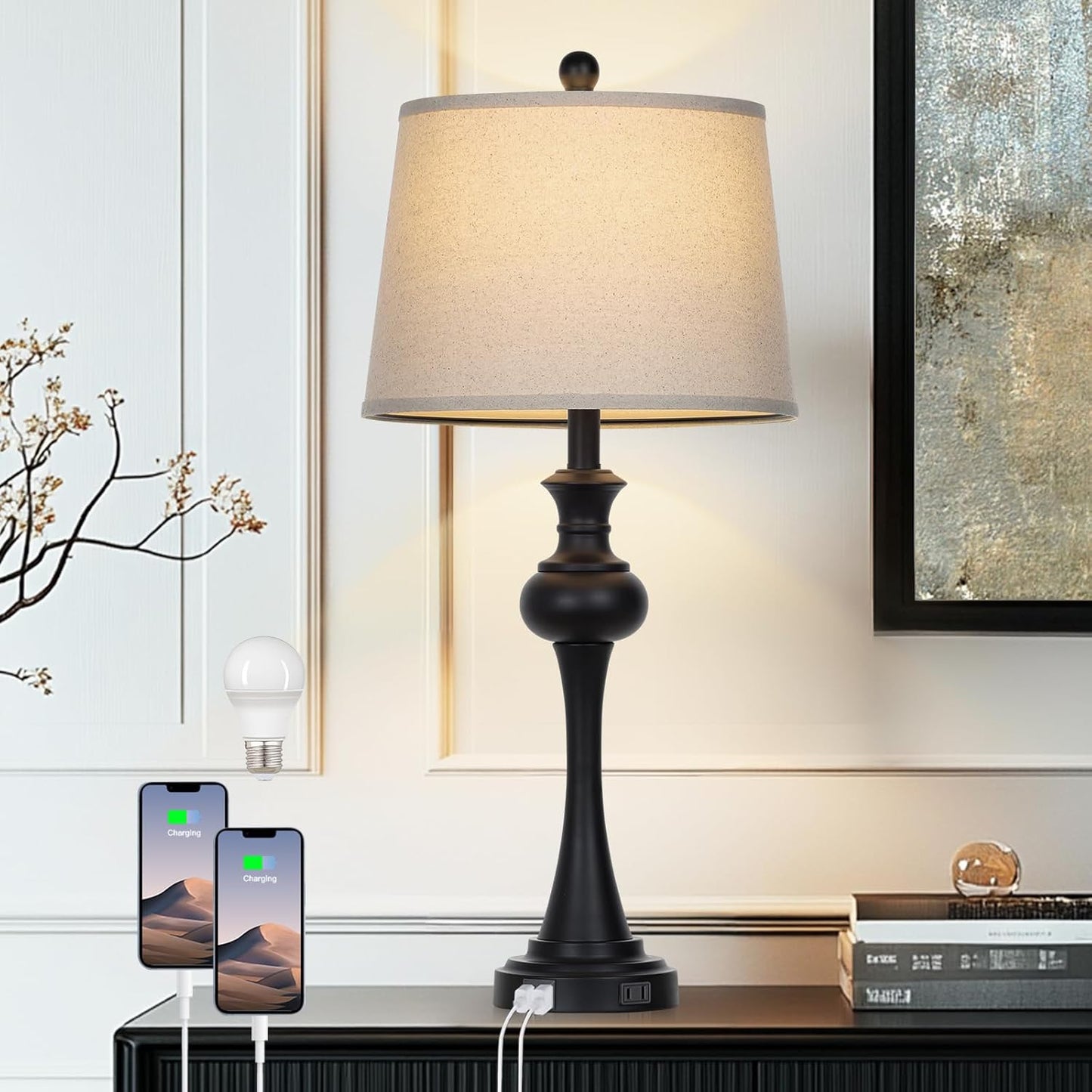 28.75'' Modern Black Metal Table Lamps Living Room Lamp for Nightstand Bedside End Lamp Home Decor Touch Lamp Modern Lamps with USB A+C Ports & Outlets （Bulb Included）