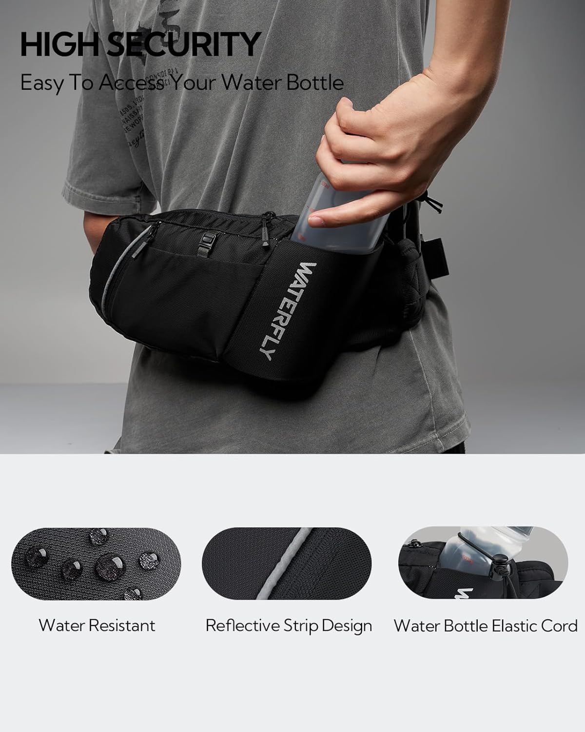 WATERFLY Fanny Pack Waist Bag: Hiking Water Bottle Holder with Strap Waist Pack for Women Men Hydration Hip Packs for Running Walking Traveling-Black