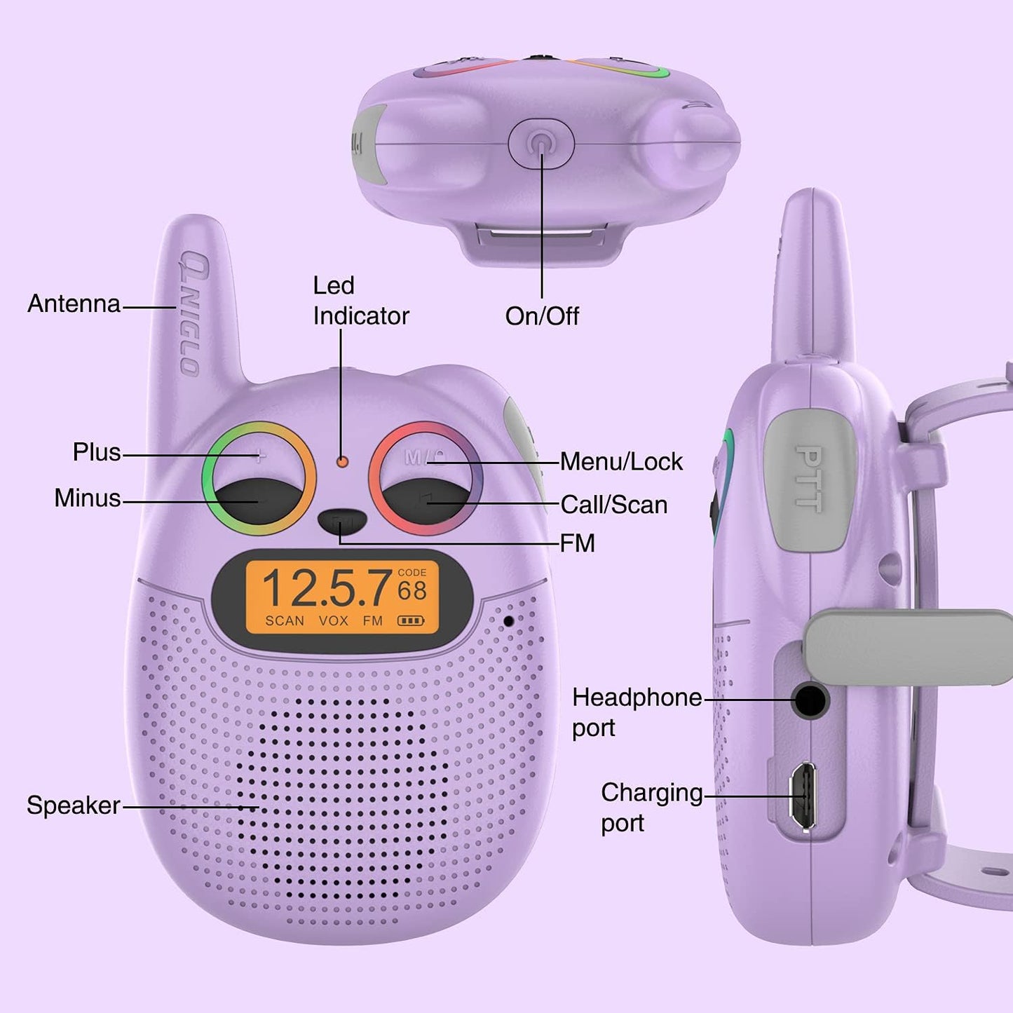 Qniglo Kids Walkie Talkies Rechargeable, Gifts for 3-12 Year Old Girls & Boys, Walkie Talkies with FM Radio, Adventure Camping Games, Best Christmas & Birthday Toys - 3 Pack