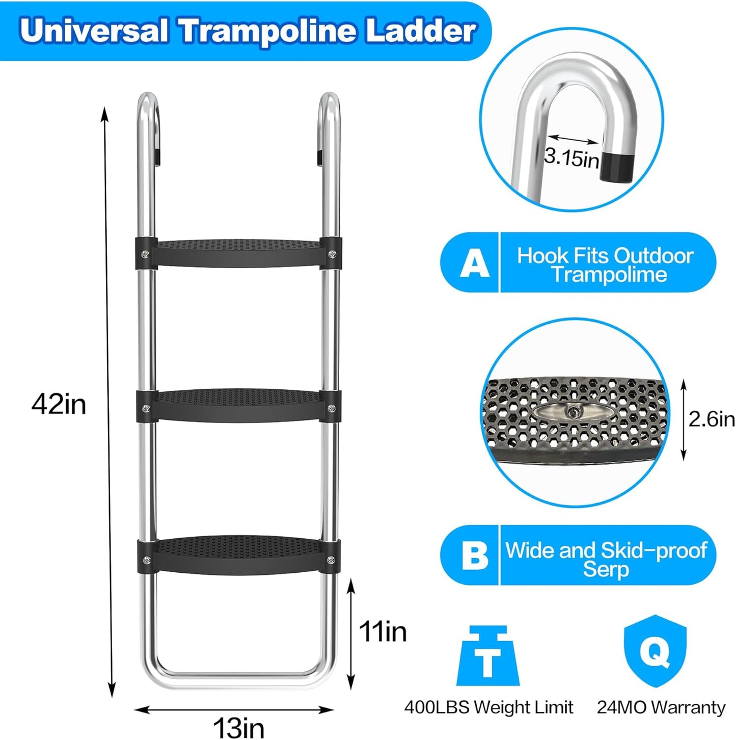 Trampoline Ladder Slide Kit, Trampoline Universal 3 Steps Wide Ladder & Buffer Slide,Universal Step Slider for 10ft 12ft 14ft 15ft 16ft Trampoline, Easy to Climb and Slider for Children/Kids
