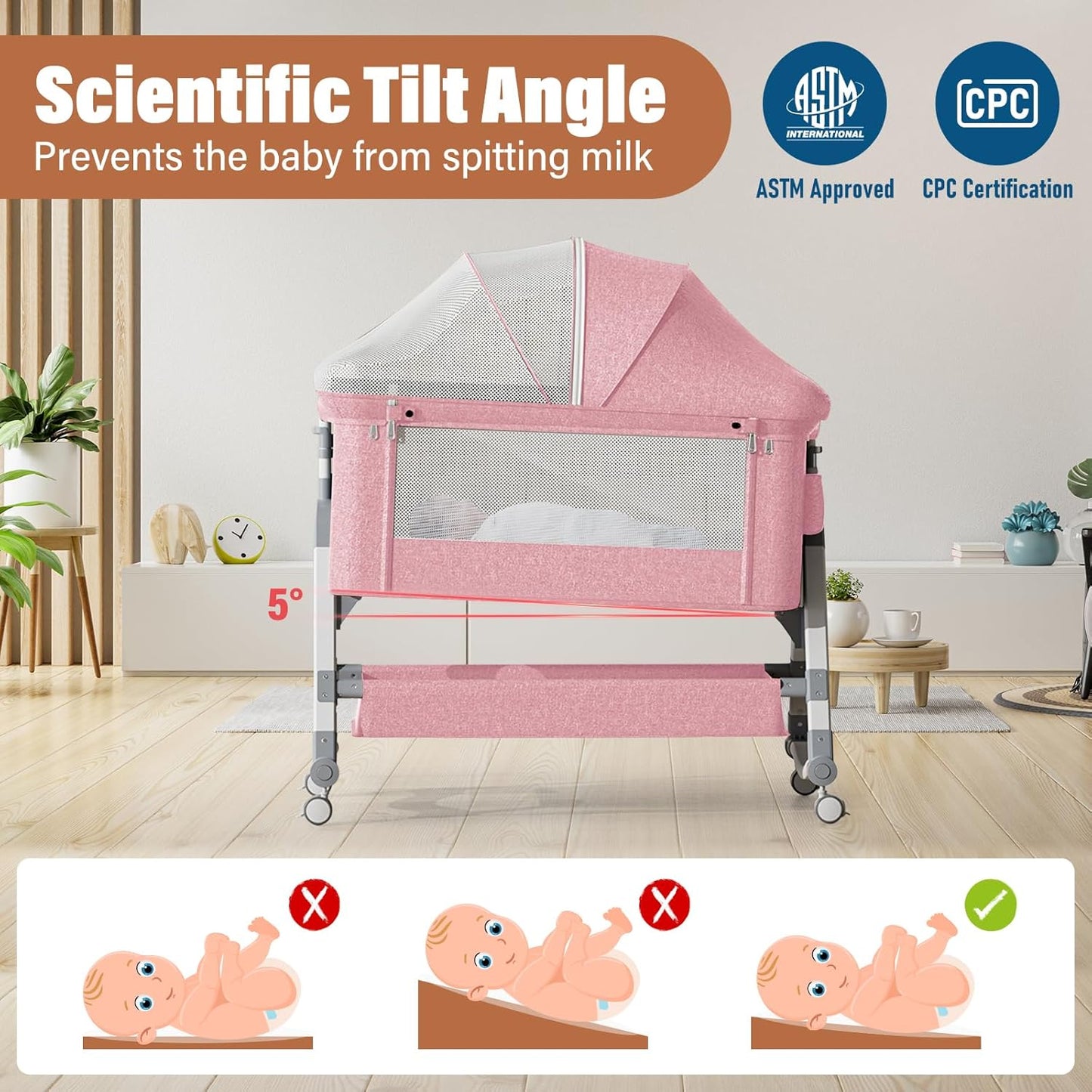 Jaoul 4 in 1 Baby Bassinet Bedside Sleeper Baby Crib, Adjustable Cosleeper for Baby, Easy Folding Portable Baby Bed Rocking Bassinets with Comfy Mattress Mosquito Net Storage for Infant Newborn Pink