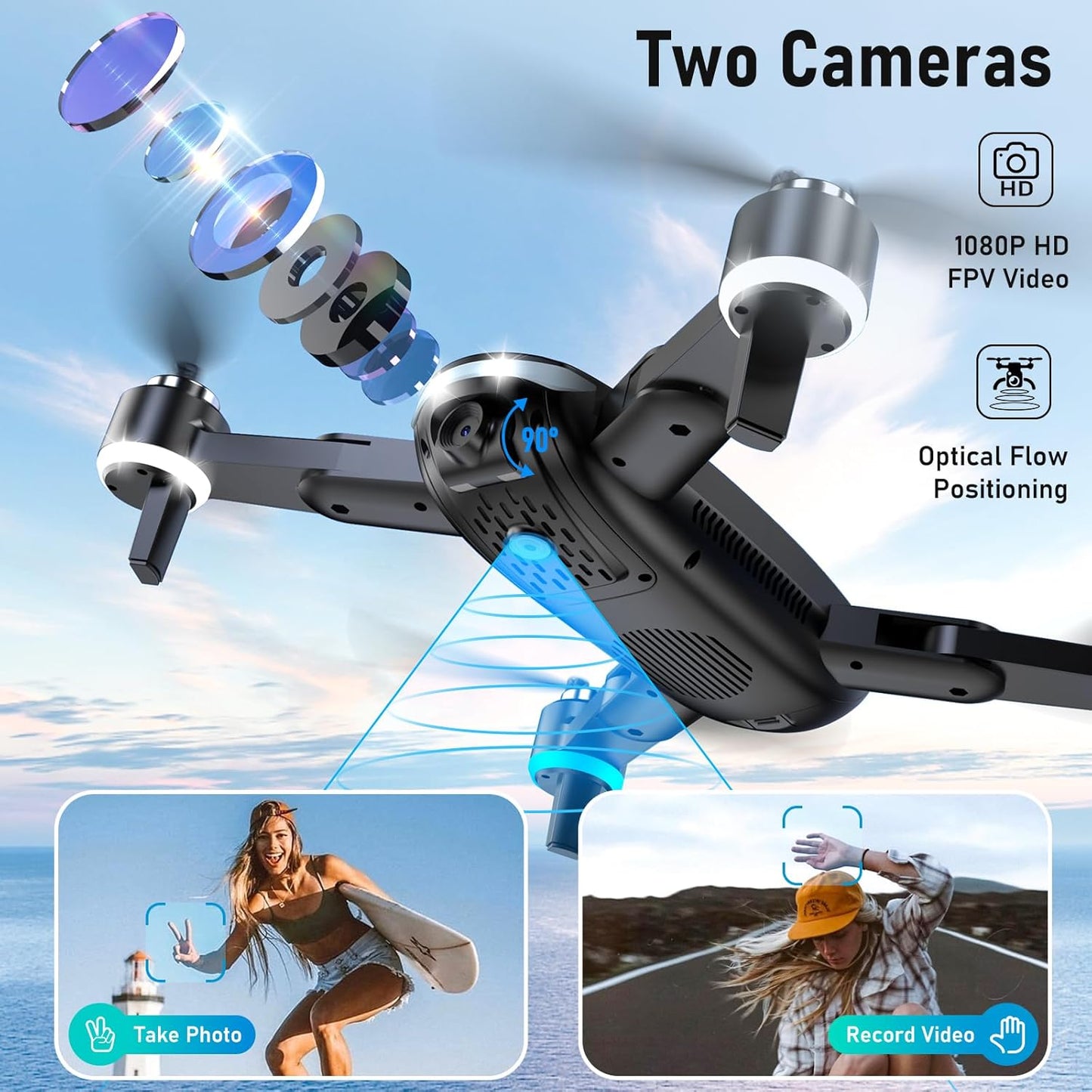 Drone with Camera, 1080P HD FPV Foldable Drone with Brushless Motor Optical Flow, One Key Take Off/Land, 360° Flip, Waypoint Fly, Gesture Selfie, 2 Batteries, Mini Drones for Kids 14+