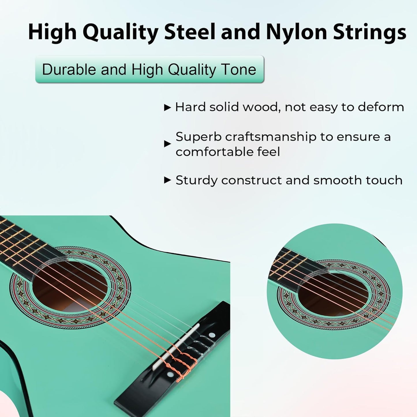 ADM Beginner Acoustic Classical Guitar 38 Inch Nylon Strings Wooden Guitar Bundle Kit for Kid Boy Girl Student Youth Guitarra Online Lessons with Gig Bag, Strap, Tuner, Strings, Cyan Green