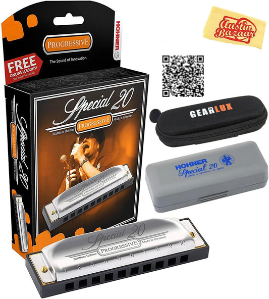 Hohner Special 20 Harmonica - Key of G Bundle with Case, Pouch, Online Manual, and Austin Bazaar Polishing Cloth