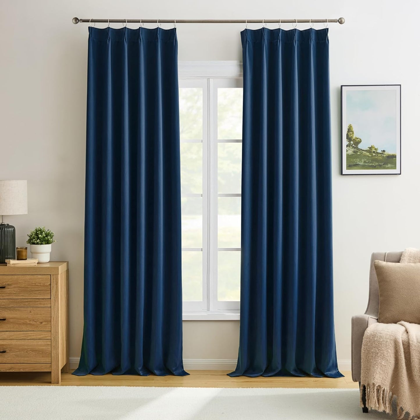 Navy Blackout Pleated Curtains 96 Inch Length Soft Polyester Blue Drapes for Living Room 2 Panels Set Room Darkening Black Out Hook Curtain with Pinch Pleat Ceiling Mount 40 Wide x 96 Inches Long