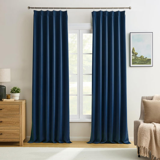 Pinch Pleated Curtains 138 Inches Long 2 Panels Set, Thermal Insulated Blackout Room Darkening Curtain for Bedroom,Window Draperies with Hooks(Navy Blue,40x138-inch)