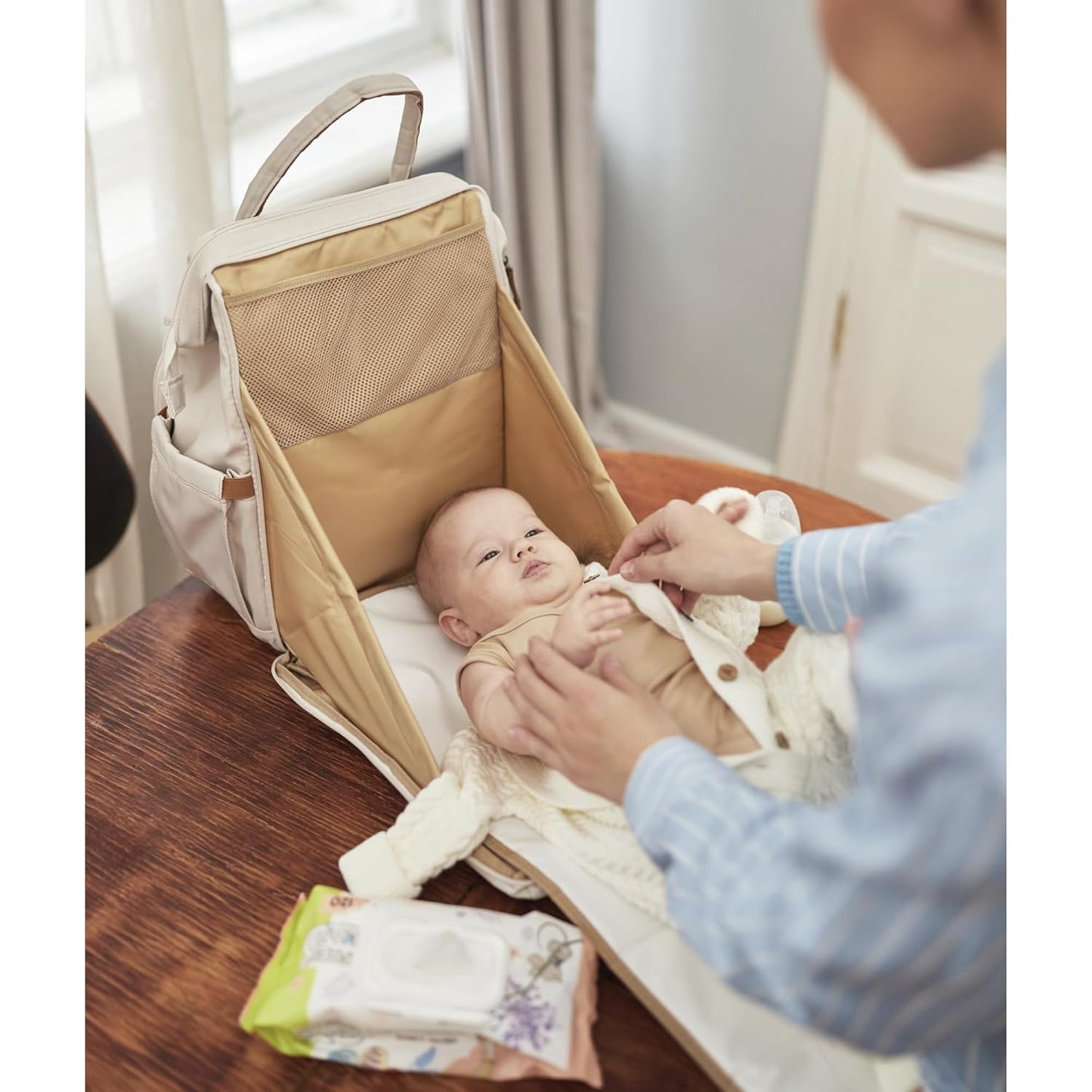 Diaper Bag Backpack, Multifunction Diaper Bag with Changing Station, Stylish Baby Bags, Large Unisex Diaper Backpack for Mom and Dad, Baby Registry Search, Portable Changing Pad – White Beige