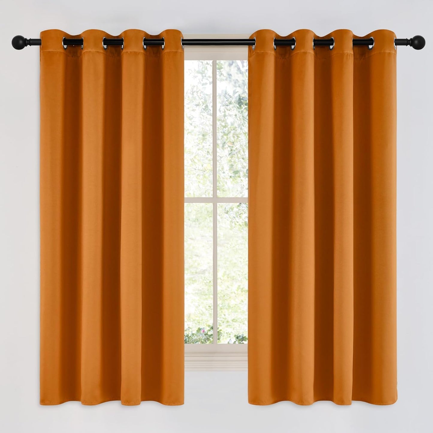 NICETOWN Room Darkening Orange Curtains 63 inches Long - Grommet Faux Silk Thermal Drapes Light Reducing Energy Saving Privacy Window Treatments for Bedroom, 2 Panels, W52 x L63