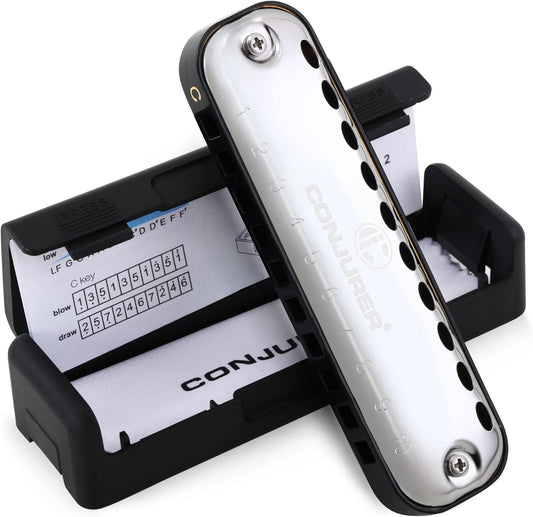 CONJURER Blues Harmonica for Kids Adult Beginners 10 Hole Diatonic Harmonica Key of C, Brass Reed Metal Mouth Organ C Key Blues Harp with Case, Black