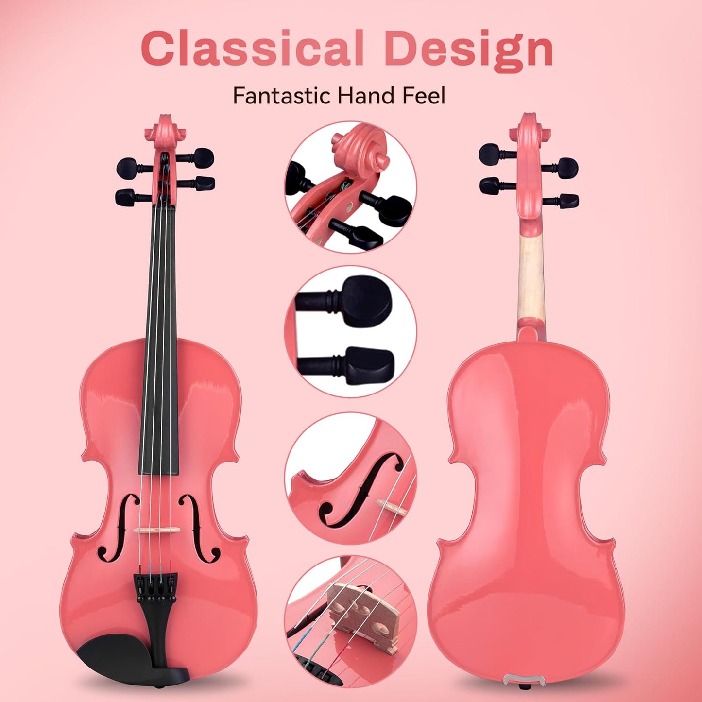 Poseidon Acoustic Violin, 1/4 Size Violin Set with Fiddle for Students Violin Starter Kit/Hard Case, Bow, Rosin, Horse Bridge, Extra Strings, Shoulder Rest, Tuner, Instruction Manual - Pink