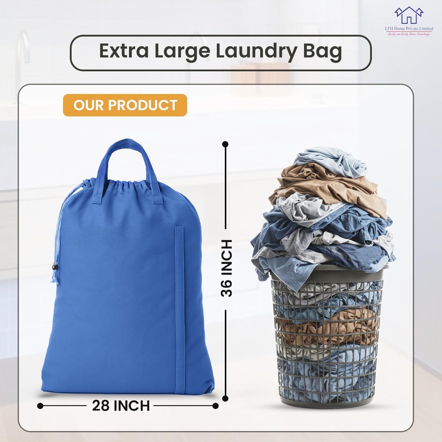 LFH Home Cotton Canvas Large Laundry Bag with Handle, Heavy Duty Drawstring Closure Washable Laundry Bags, School Travel, Home, Hotel, College Dorm, Organizer Sack, Toys Clothes 28x36-Sky Blue