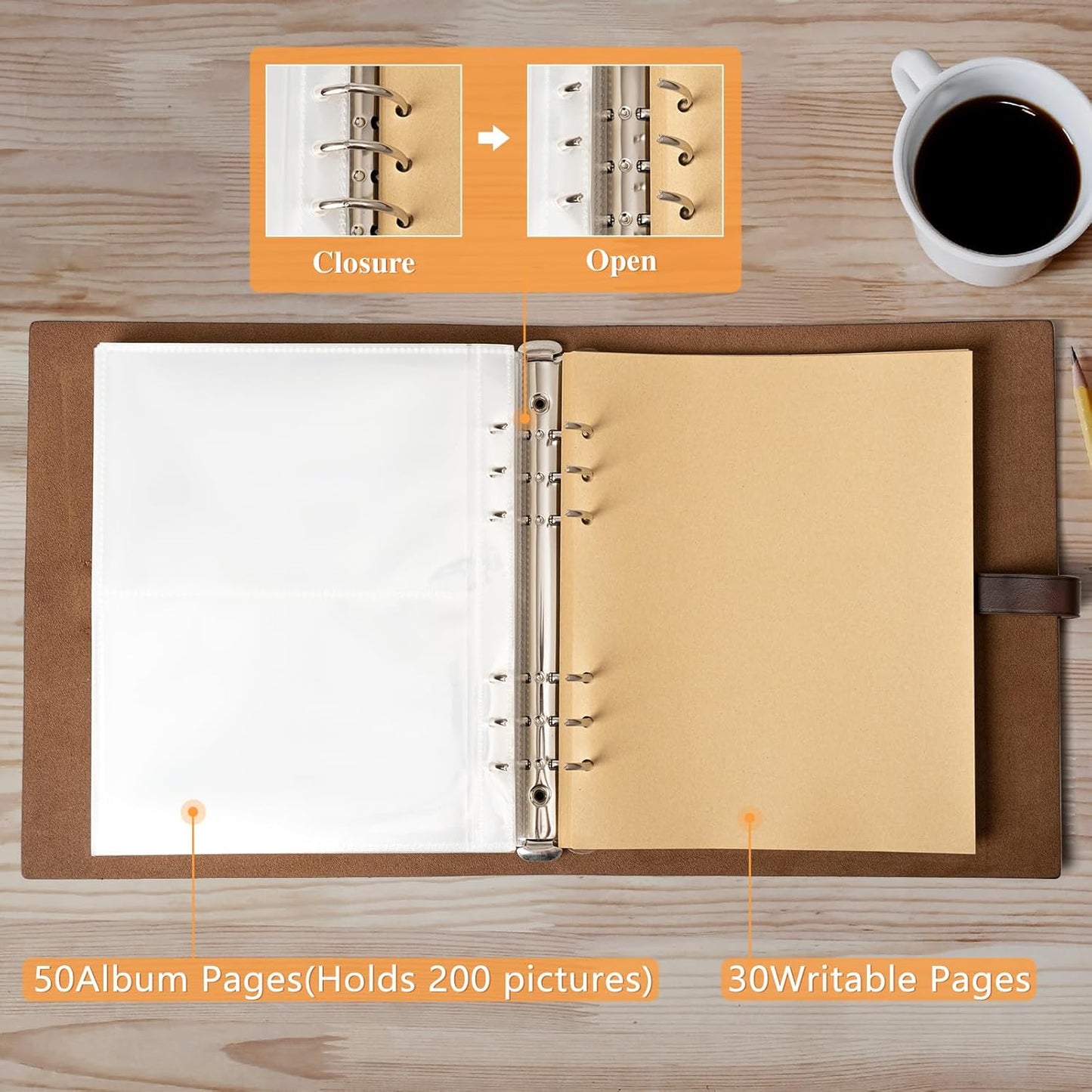 Photo Album 4x6 200 Photos, Genuine Leather Photo Albums with Writing Space with 30 Writing Paper, Travel Family Wedding Kids Graduation Ultrasound Baby Picture Album Scrapbook Photo Album (Simple)