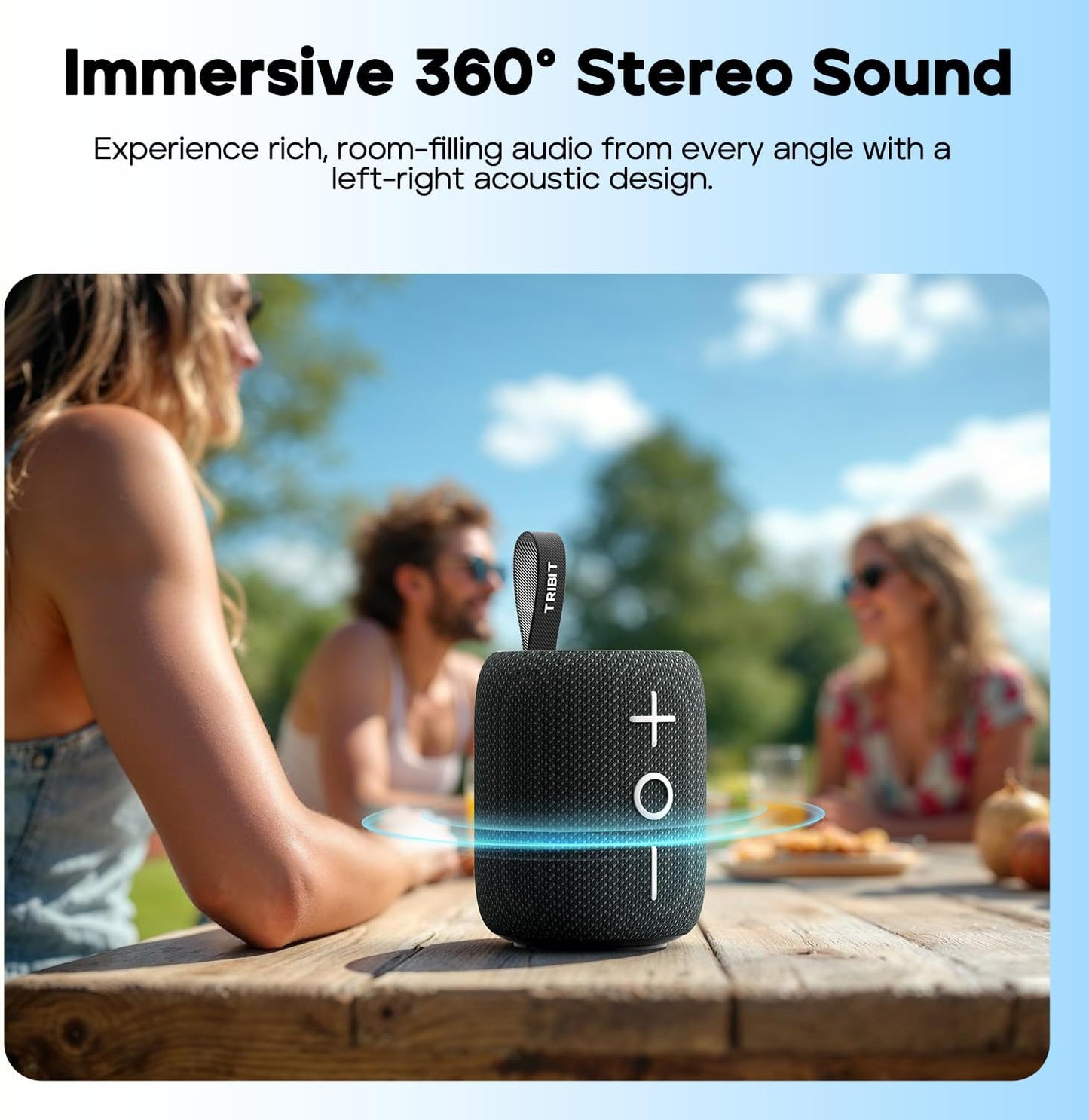 Tribit Portable Bluetooth Speaker StormBox Mini+, 12W Shower Speaker with 360°Surround Sound, 12H Playtime, Custom EQ, BT5.4, IPX7 Waterproof, RGB Lights, Type-C, AAC/SBC, TWS, Party/Beach/Gift (Blue)