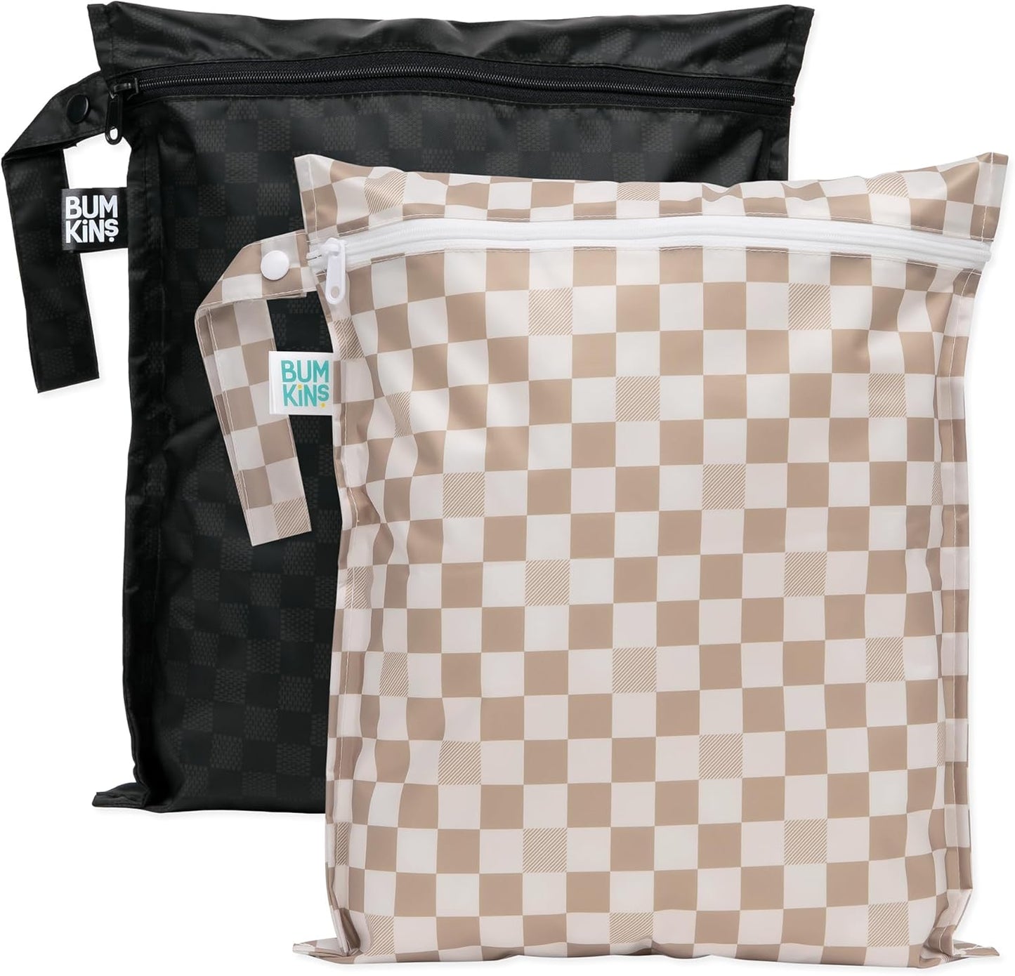 Bumkins - Waterproof Wet Bag - For Baby, Travel, Swim Suit, Cloth Diapers, Pump Parts, Pool, Gym, Toiletry, Strap to Stroller - Reusable & Easy to Clean - 2pk - Beige & Black Check