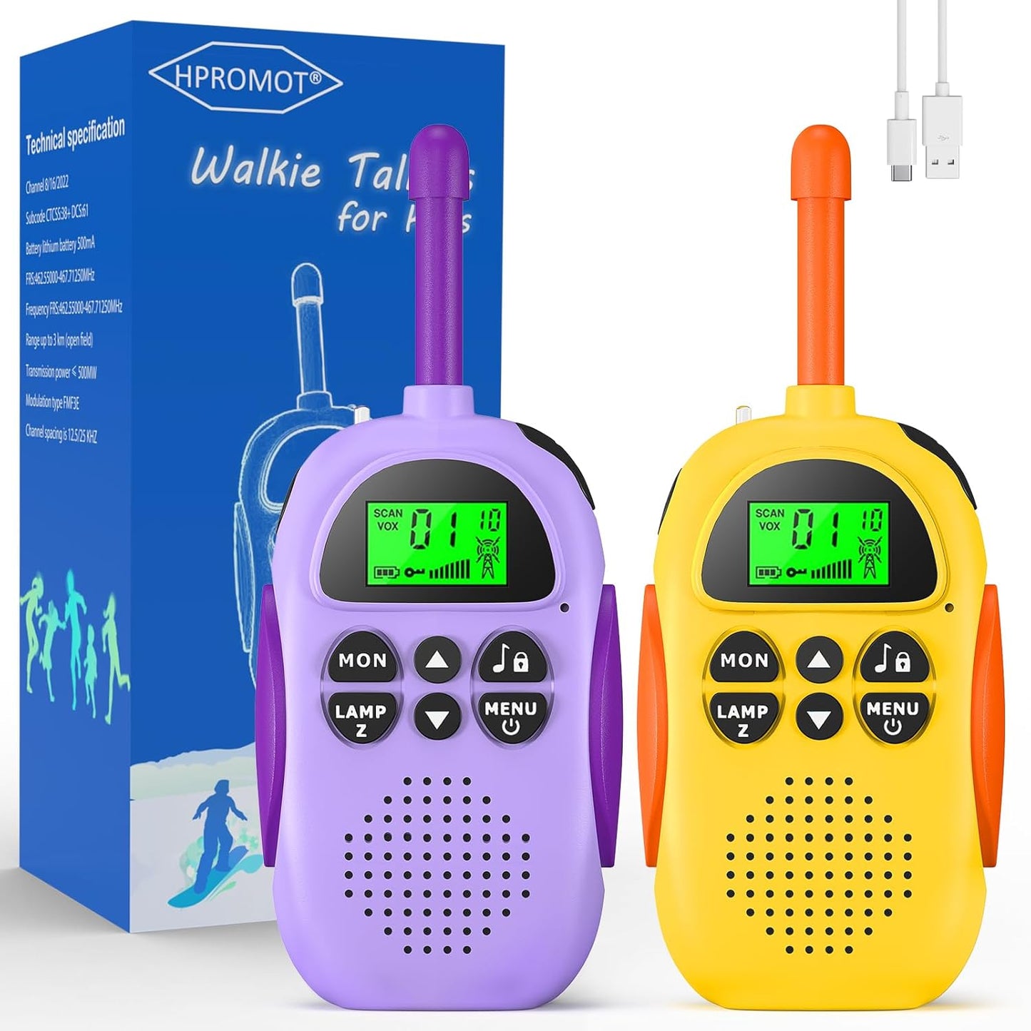 Walkie Talkies for Kids: 2 Pack Rechargeable Kids Talkies, Long Range 22 Channels Way Radio Christmas Birthday Outdoor Camping Fun Toy Gift 3-12 Year Old Boys Girls, Yellow + purple