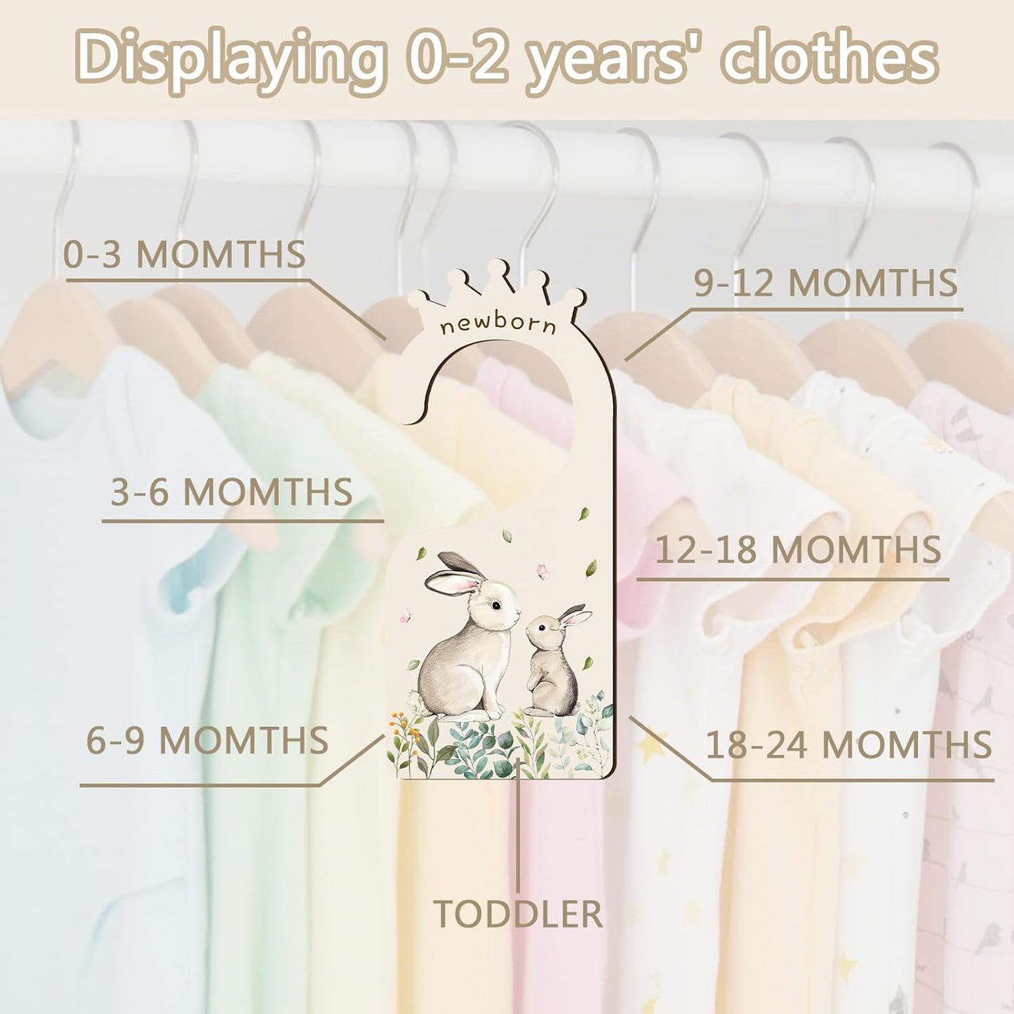 Baby Clothes Dividers for Closet - Set of 8 Wooden Baby Size Closet Dividers Newborn to 24 Months, Rabbits Babies Clothes Organizer for Boys Girl Nursery Decor Gender-Neutral Newborn Hangers Dividers