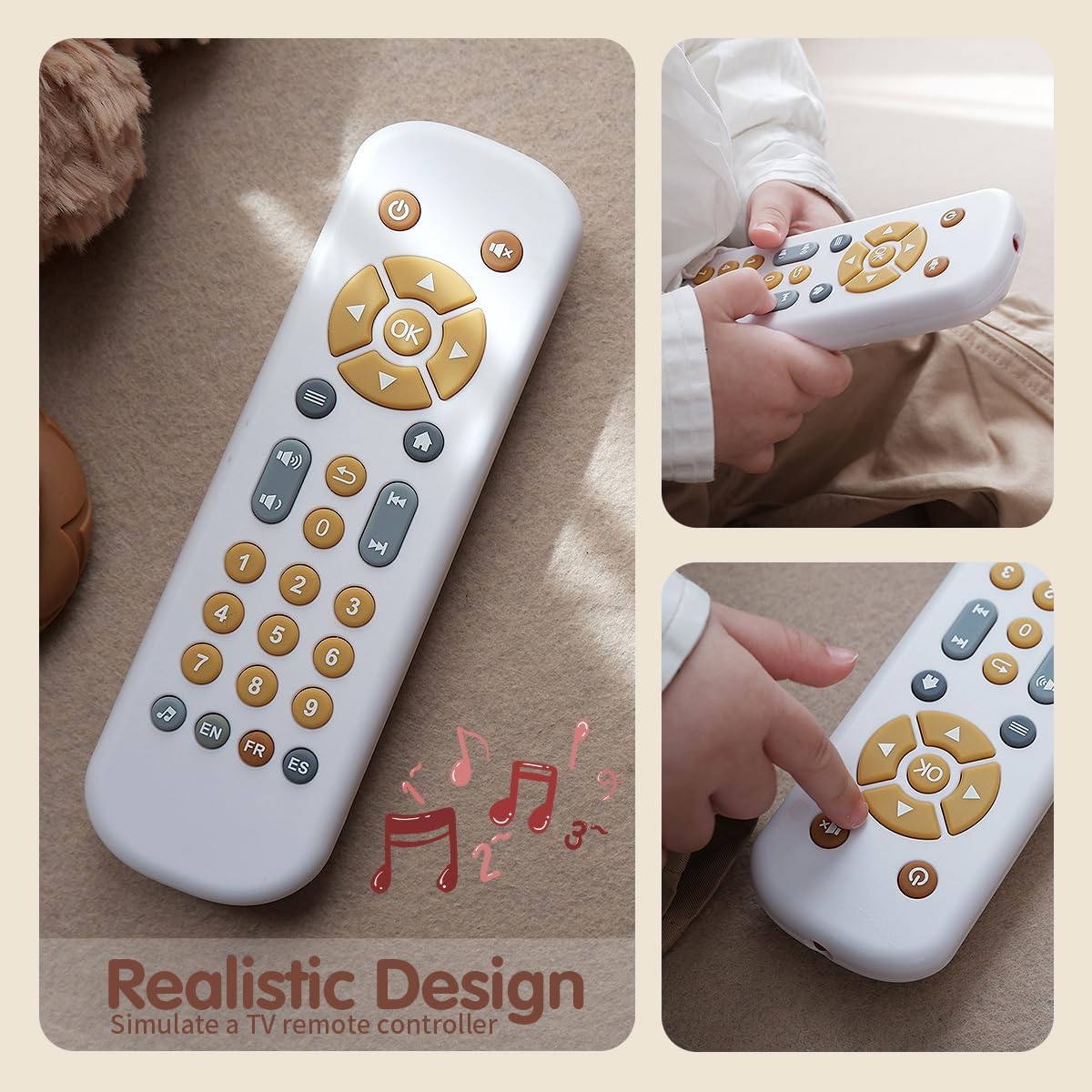 Nueplay Baby TV Remote Control Toy with Light and Sound, Toddler Realistic Controller with 3 Languages, Early Educational Learning Musical Toys, Preschool Infant Boys Girls 6, 12, 18 Months, White