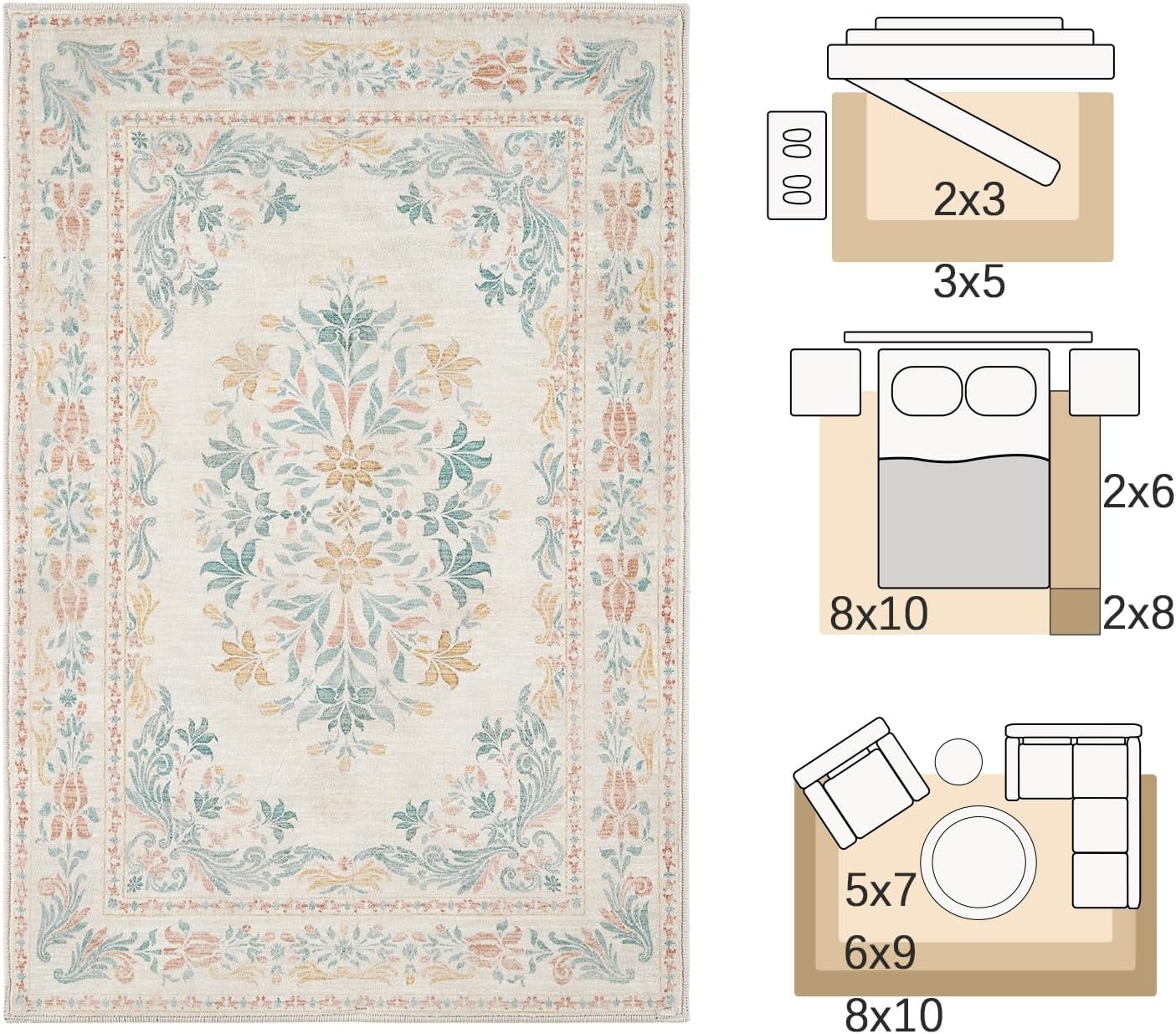 jinchan Floral 5x7 Area Rugs for Nursery - Machine Washable Vintage Distressed Design Soft Ultra-Thin Low-Pile Non-Slip Kids Carpet for Bedroom Living Room Dining Room Home Office (5x7ft,Apricot)