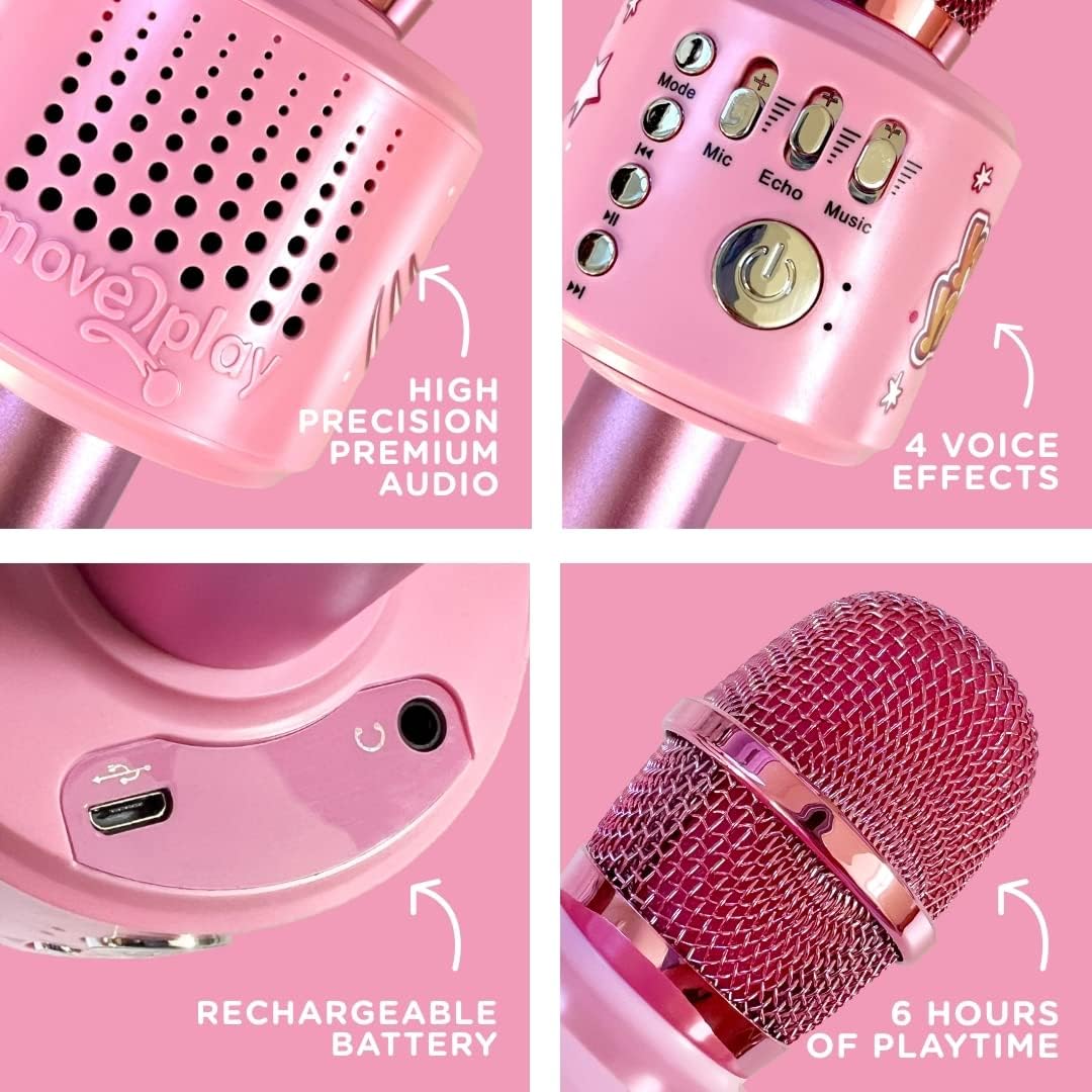 Move2Play, Kids Karaoke Microphone | Includes Bluetooth & Pre-Loaded Songs | Birthday Girls Present for All Ages, 2, 3, 4, 5+ Year Old Girls, Boys & Toddlers (All Pink)