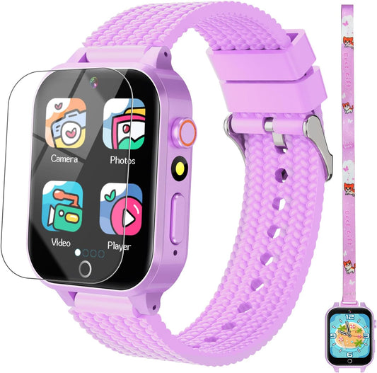 Smart Watch for Kids Girl Gift Ages 3-12, 2 Screen Protector, 26 Puzzle Games, HD Camera Video Music Player Touchscreen Pedometer, Educationtal Toy Brithday Gifts for Girl Ages 4 5 6 7 8 9 10(Purple)