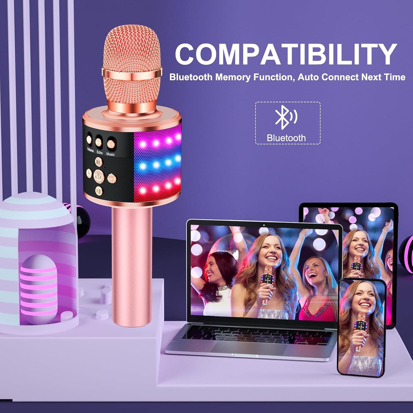 BONAOK Karaoke Microphone for Kids & Adults - Bluetooth Microphones Singing Mic with Disco Lights, Echo Effect, Built-in Speaker Portable Karaoke Player for Party Travel Gifts Q78(Rose Gold)