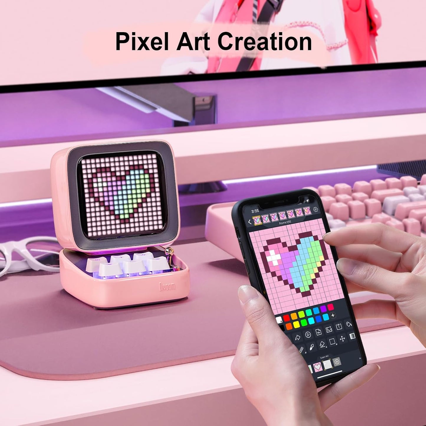 Divoom Ditoo Retro Pixel Art Game Bluetooth Speaker with 16X16 LED App Controlled Front Screen (Pink)
