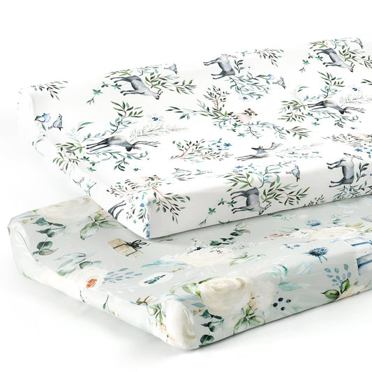 GRSSDER Stretch Ultra Soft Jersey Knit Changing Pad Cover Set 2 Pack, Change Table Pad Covers Fit 32"/34" x 16" Pads Safe and Snug, Pretty Pattern for Boys and Girls