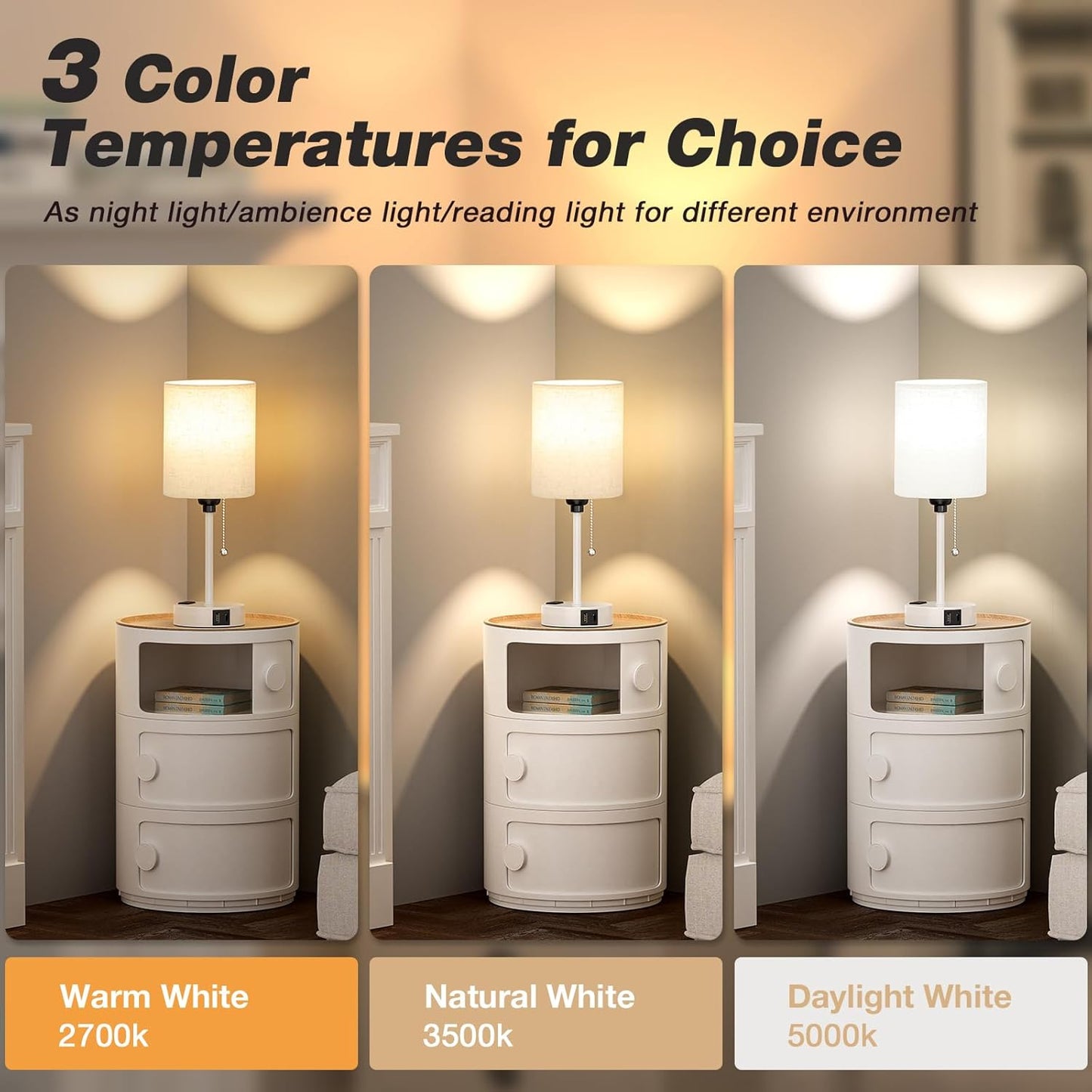 Small Bedside Lamp for Bedroom Nightstand - 2700K 3500K 5000K Bedside Lamps with USB C and A Ports, Pull Chain Table Lamps with AC Outlet, Nightstand Lamps with White Metal Base for Kids Reading
