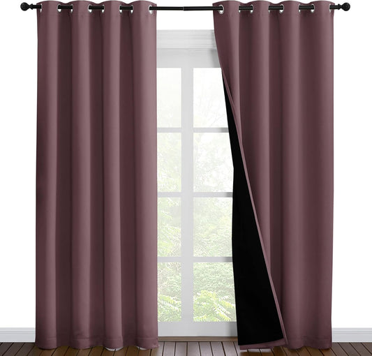 NICETOWN Living Room Completely Shaded Draperies, Privacy Protection & Noise Reducing Ring Top Drapes, Black Lined Insulated Window Treatment Curtain Panels (Dry Rose, 2 Pieces, W55 x L86)