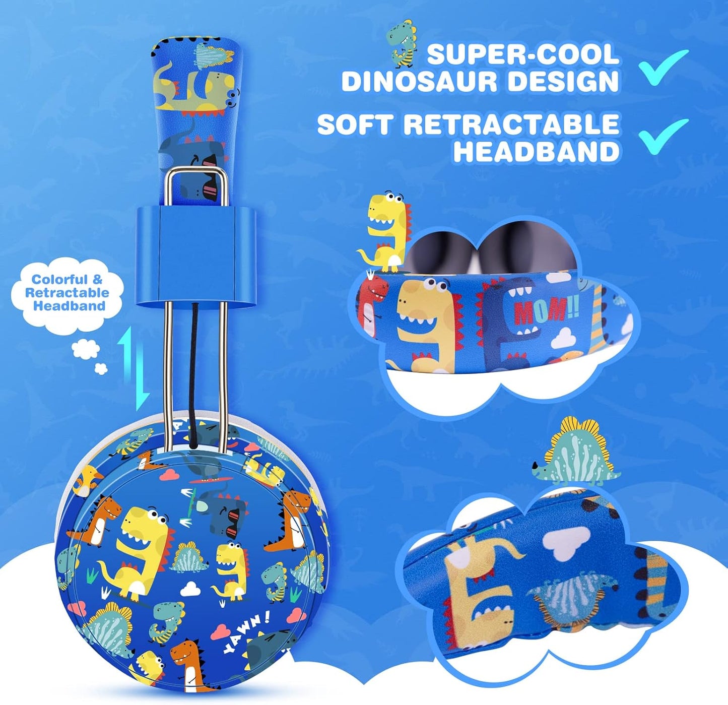 QearFun Dinosaur Bluetooth Headphones for Boys - with Microphone & 3.5mm Jack, Adjustable Headband for Kids Teens Toddlers, School iPad Tablet PC Smartphones Compatible (Blue)