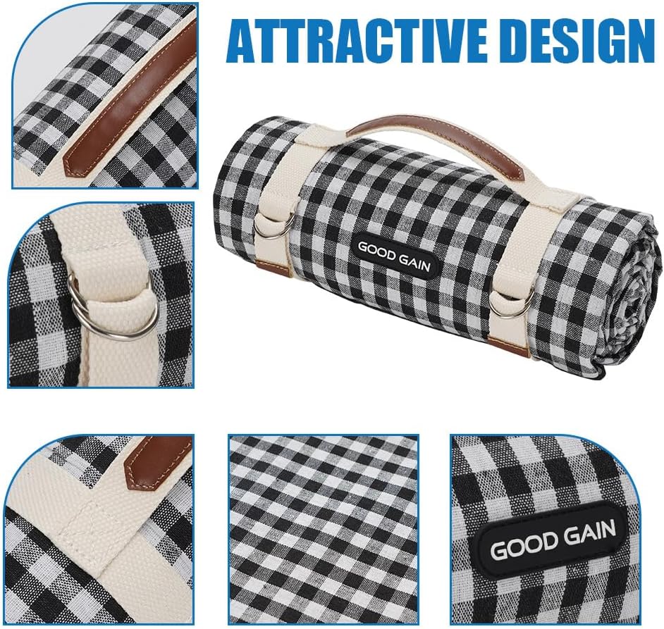 Picnic Outdoor Blankets Waterproof Extra Large - Beach Mat Sand Free Foldable with Carry Strap | Portable Camping Blanket | Park Blanket for Grass Park, Hiking, Travel, Concerts, Indoor (Black)