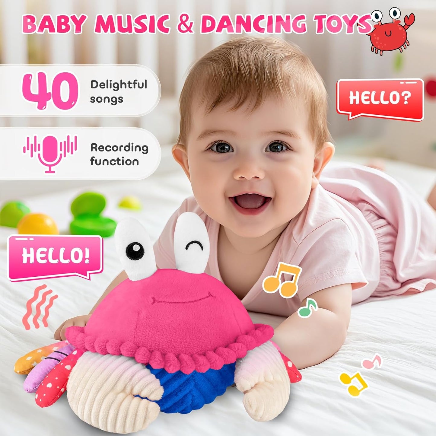 Pink Crawling Crab Baby Toy - Rechargeable Musical Plush Toys with 40 Songs & Voice Recorder, Sensory Toy for Infant Tummy Time, Soft Toy for 12-18 Months Girl, Gift for Toddlers 1-3