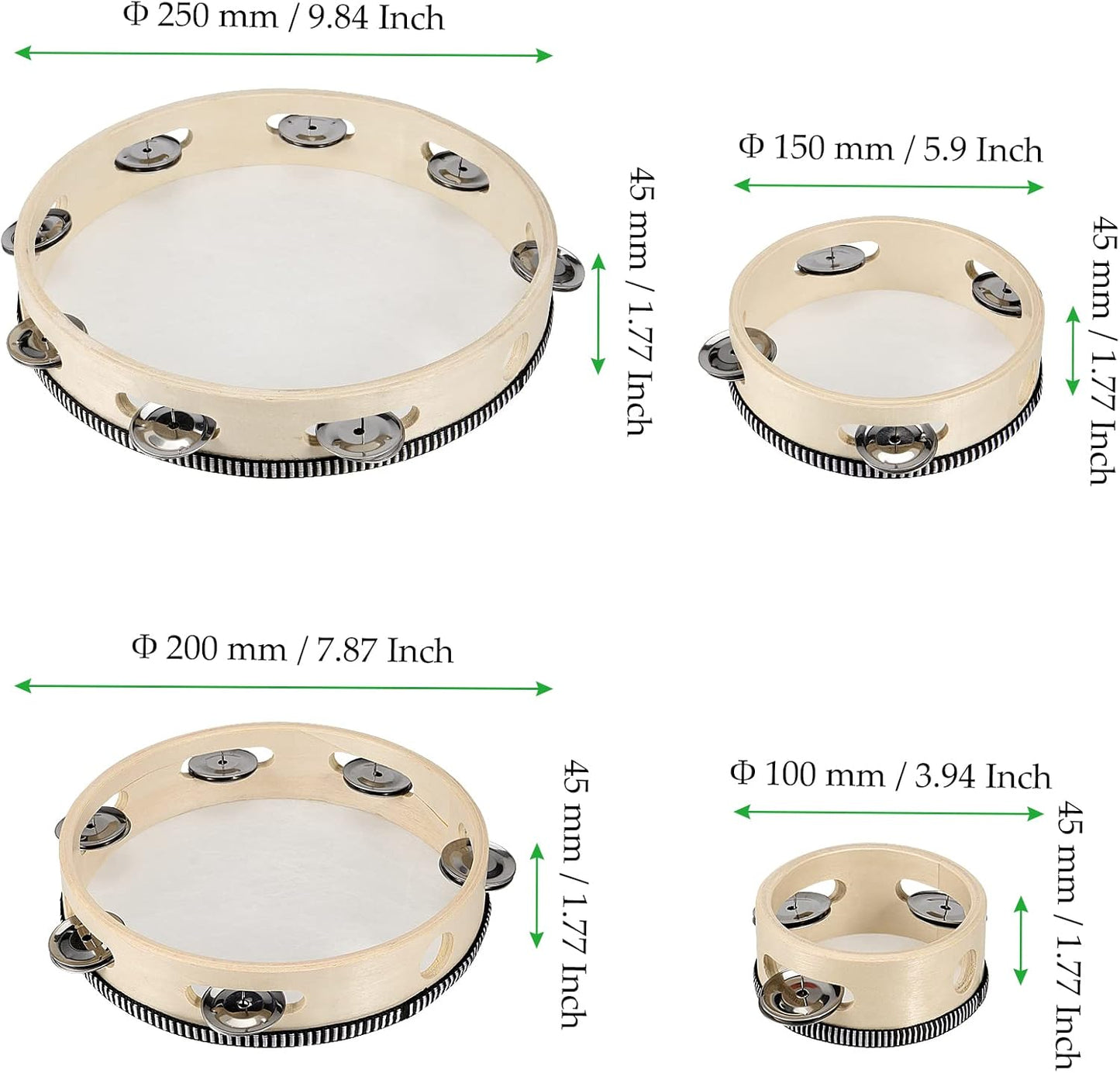 4 PCS 4" 6" 8" 10" Wooden Tambourine, Musical Instrument Tambourine Set, Handheld Drum Bell Metal Jingles Single Row Percussion for Church, KTV, Party