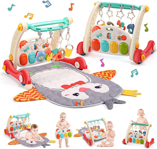 CUTE STONE Baby Gym Play Mat & Learning Walker, Activity Mat with Play Piano, Musical Activity Center with Lights, Baby Push Walkers & Tummy Time Mat for Infant Newborn Toddlers