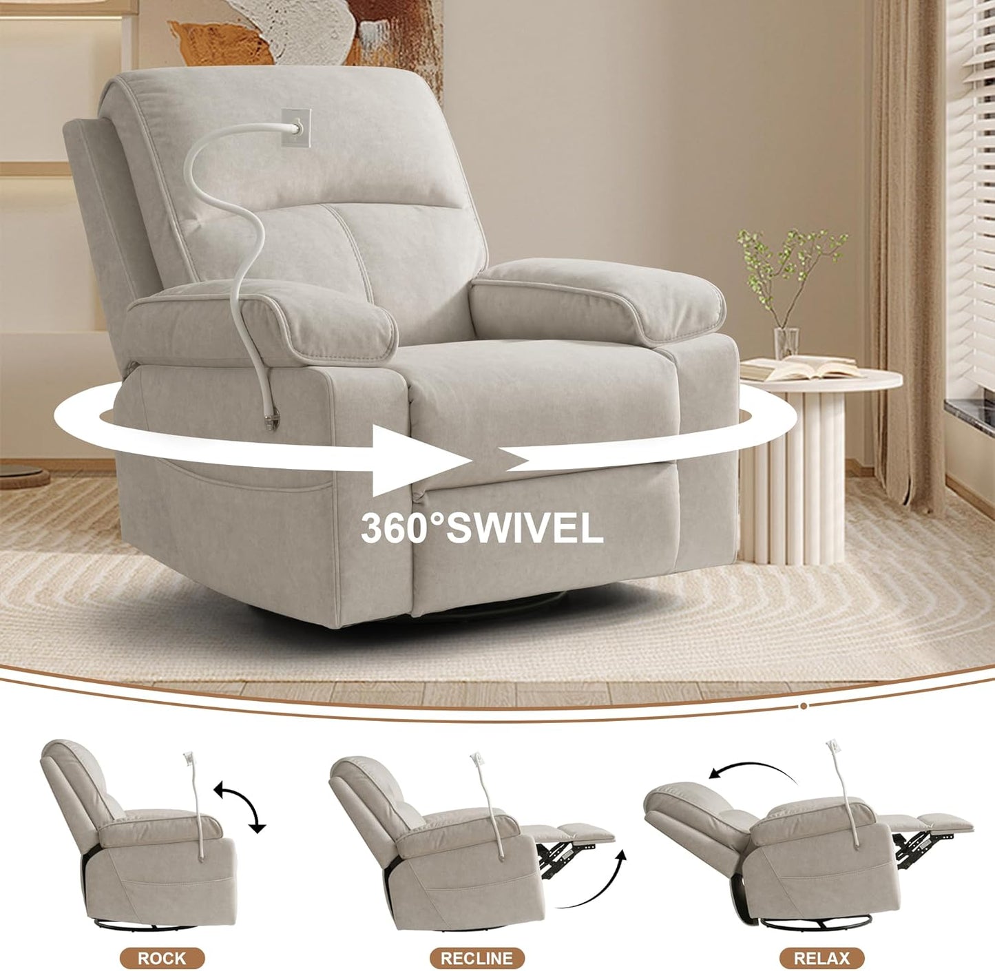 Rocking Chair Nursery Swivel Rocker Recliner with Phone Holder,Nursing Chair for Breastfeeding with Foot Rest,Beige