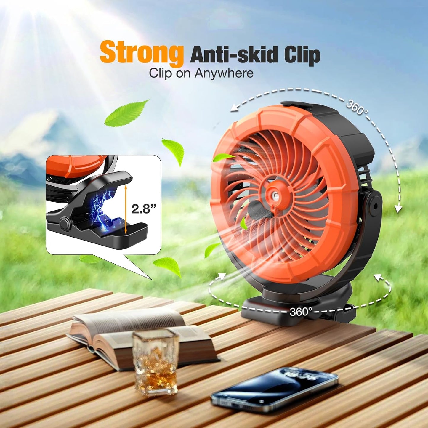 Ausic Portable Misting Clip on Fan, 100ml Camping Stroller Fan with LED, Max 45H Working Time Golf Cart Fans, 360° Rotate Cooling Spray, Outdoor Rechargeable Battery Fans for Travel/Home/Beach