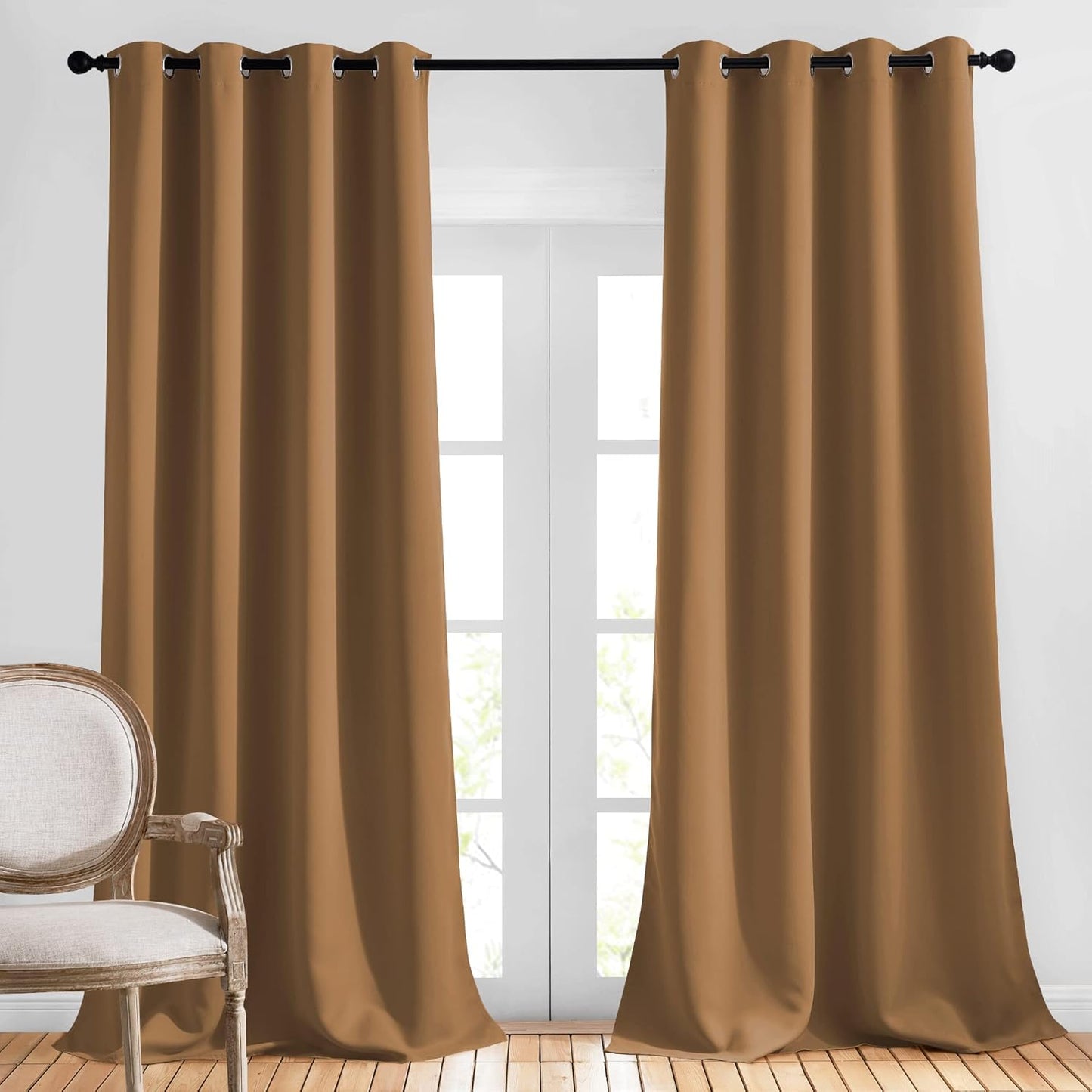 NICETOWN Living Room Curtains 95 inch Long - Sound Reducing Grommet Thermal Insulated Blackout Solid Drapes for Villa/Hall, Gold Brown, 2 Panels, W52 x L95