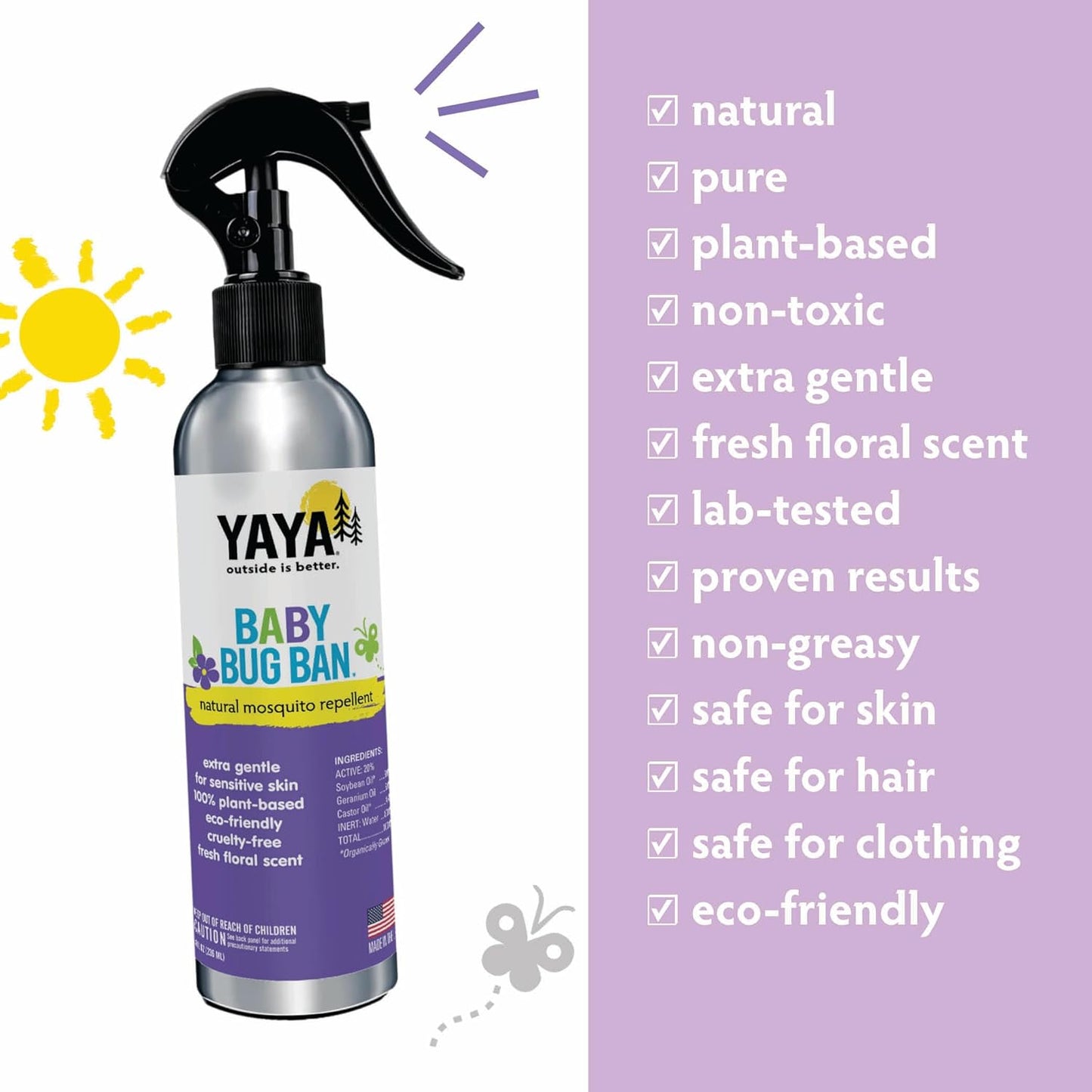 YAYA ORGANICS Baby Bug Ban – Natural, Proven Effective Mosquito Repellent for Babies, Kids and Sensitive Skin (8 Ounce Spray)